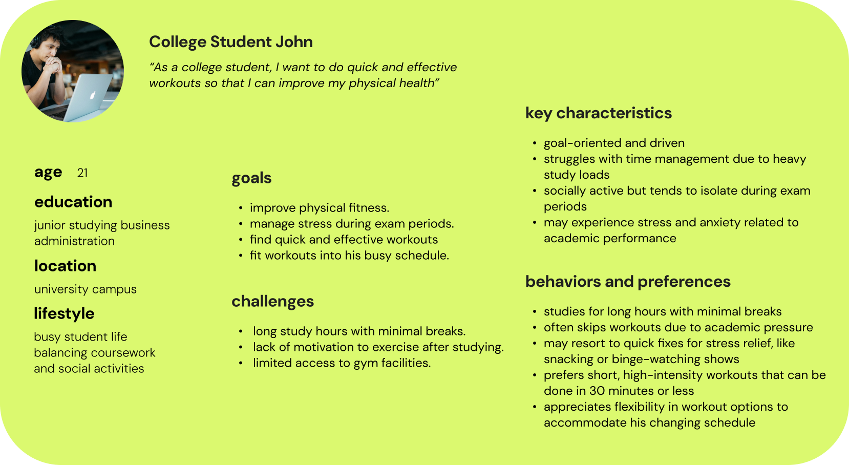 user persona of student john